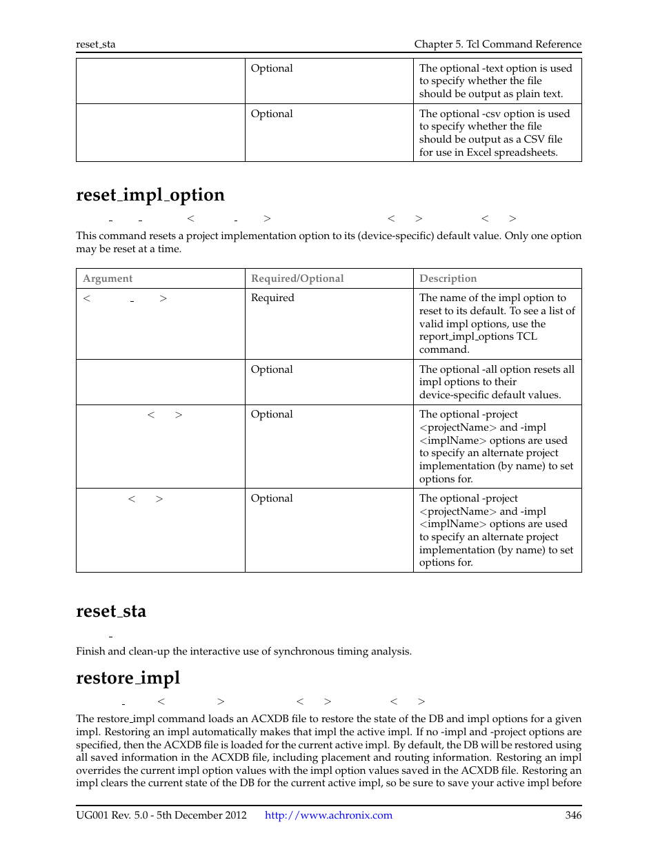 Reset_impl_option, Reset_sta, Restore_impl | 109reset impl option, 110reset sta, 111restore impl, Reset impl option, Restore impl, Reset sta | Achronix ACE Version 5.0 User Manual | Page 358 / 389