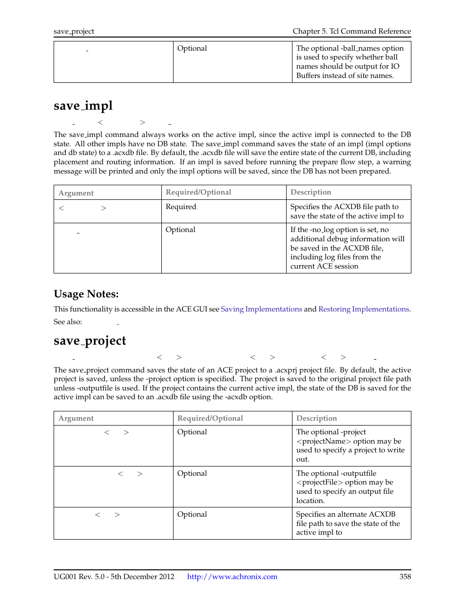 Save_impl, Usage notes, Save_project | 133save impl, 1 usage notes, 134save project, Save impl, Save project | Achronix ACE Version 5.0 User Manual | Page 370 / 389