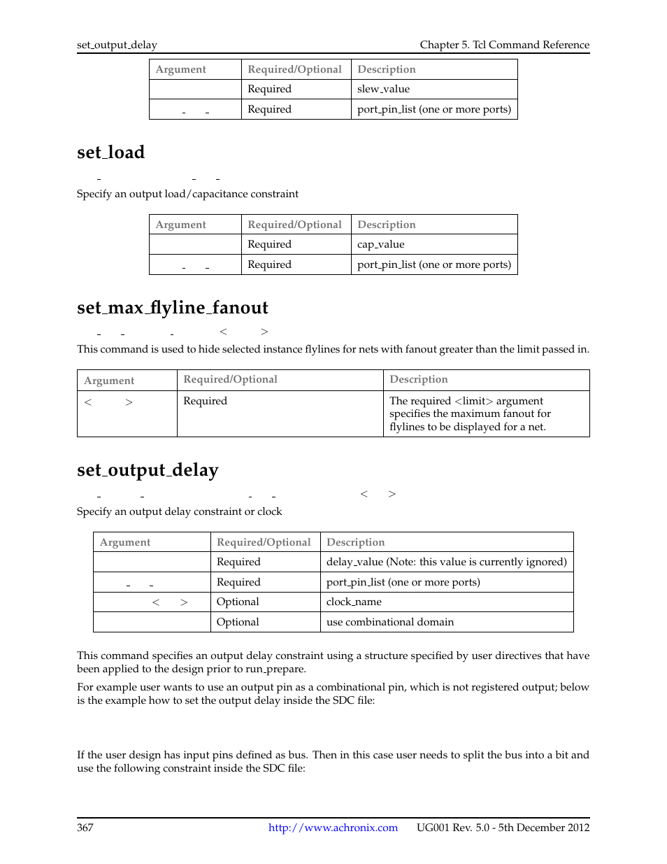 Set_load, Set_max_flyline_fanout, Set_output_delay | 150set load, 151set max flyline fanout, 152set output delay, Set load, Set max flyline fanout, Set output delay | Achronix ACE Version 5.0 User Manual | Page 379 / 389