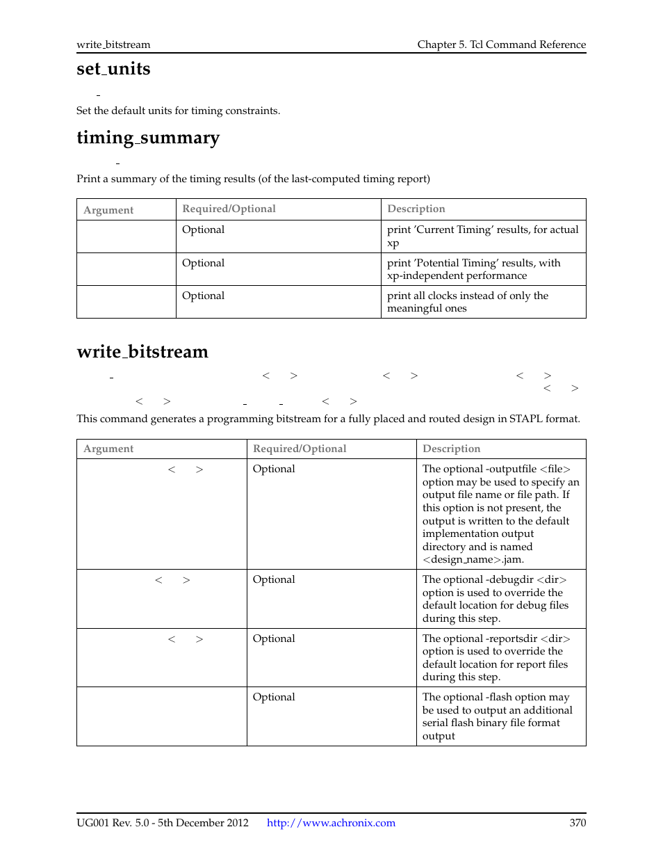 Set_units, Timing_summary, Write_bitstream | 156set units, 157timing summary, 158write bitstream, Set units, Timing summary, Write bitstream | Achronix ACE Version 5.0 User Manual | Page 382 / 389