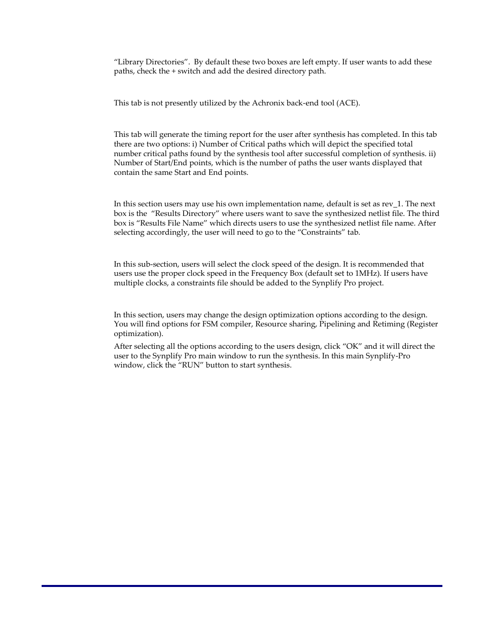 Place and route, Timing report, Implementation result | Constraints, Options | Achronix Synthesis User Manual | Page 7 / 17
