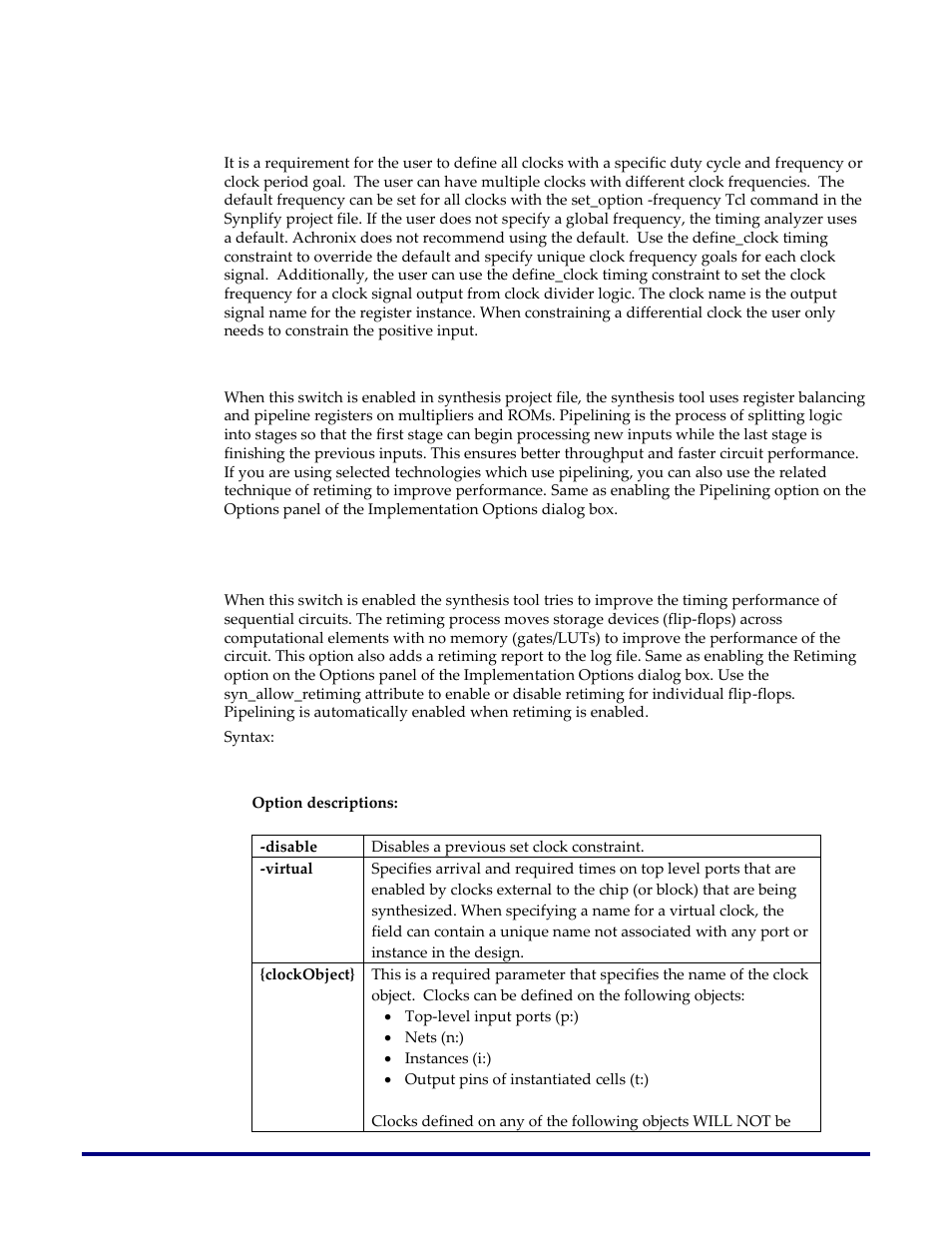 Clock constraints, Pipelining, Retiming | Achronix Synthesis User Manual | Page 9 / 17