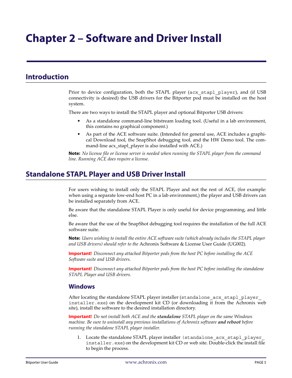 Chapter 2 – software and driver install, Introduction, Standalone stapl player and usb driver install | Windows, Chapter 2 – “software and driver install | Achronix Bitporter User Manual | Page 11 / 50