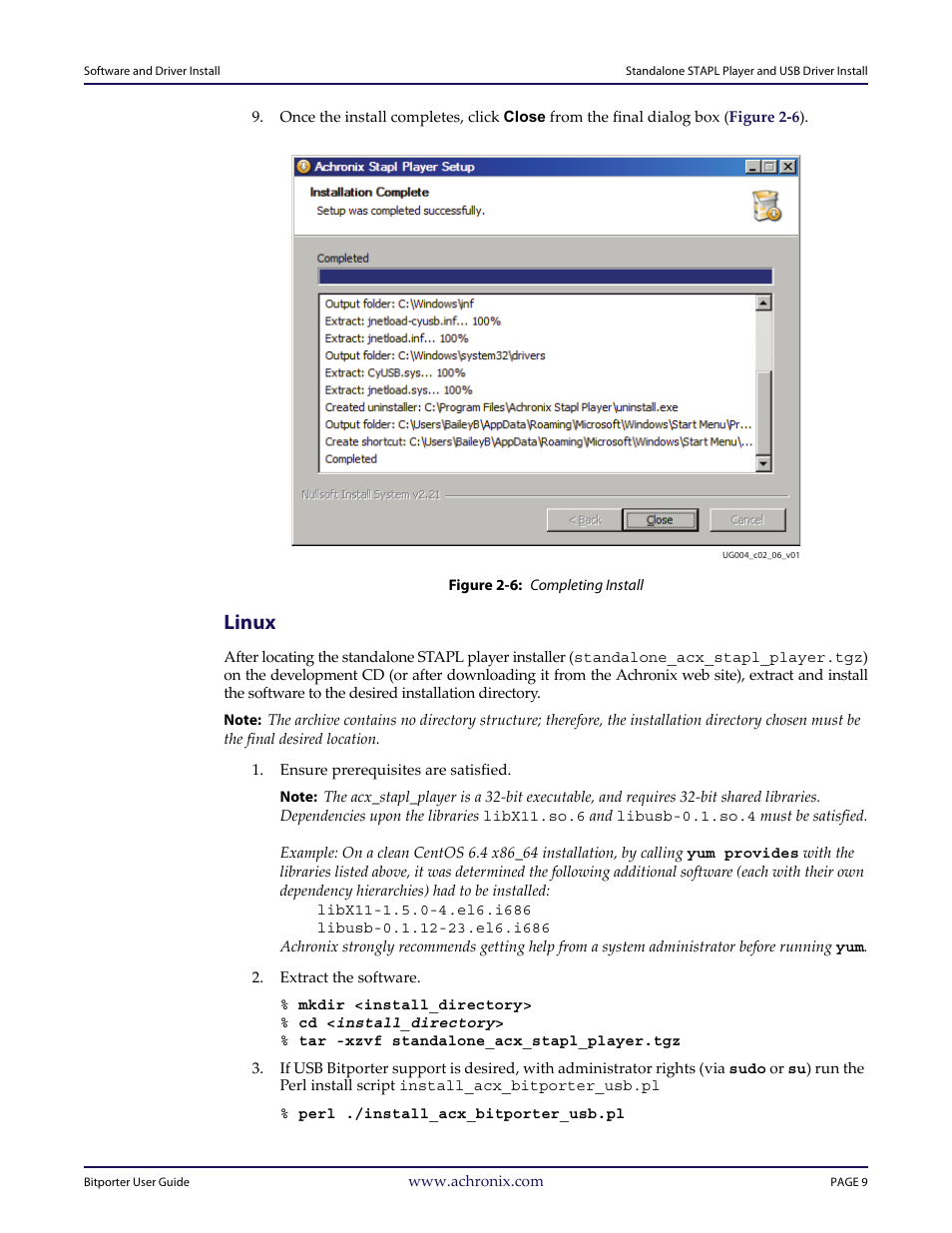 Figure 2-6: completing install, Linux | Achronix Bitporter User Manual | Page 15 / 50