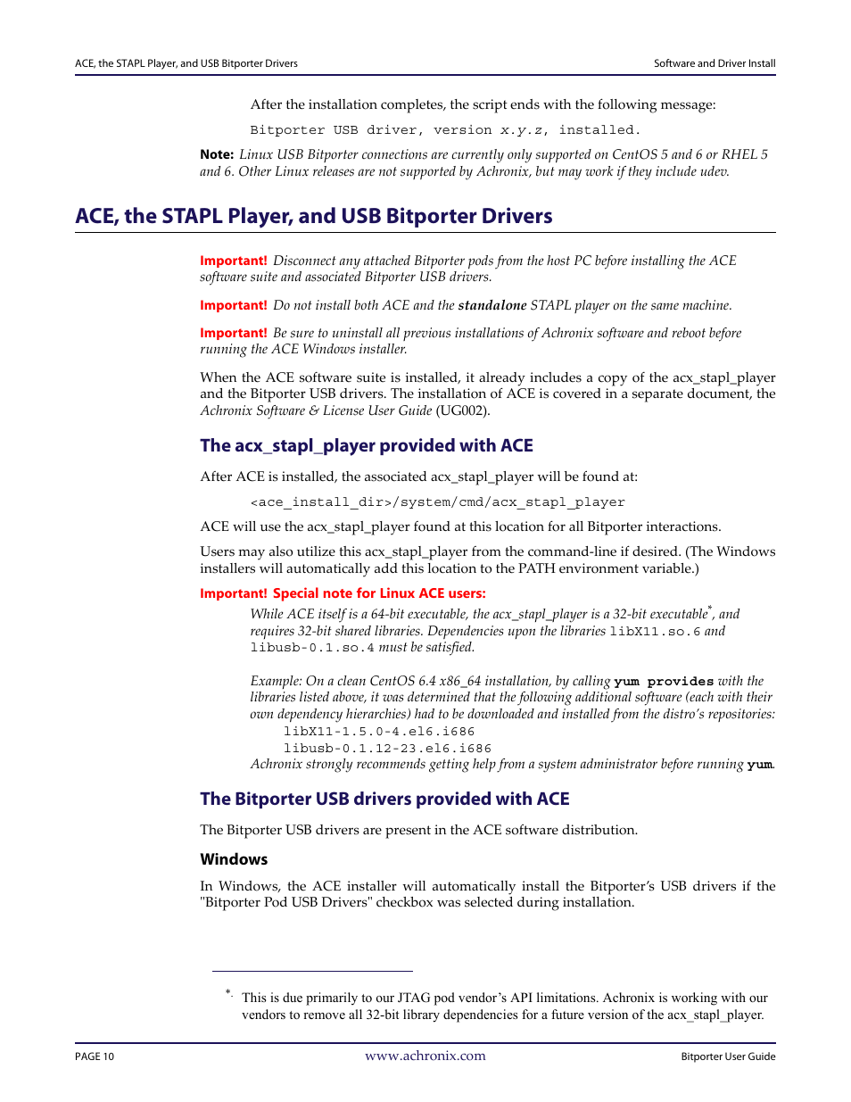 Ace, the stapl player, and usb bitporter drivers, The acx_stapl_player provided with ace, The bitporter usb drivers provided with ace | Achronix Bitporter User Manual | Page 16 / 50