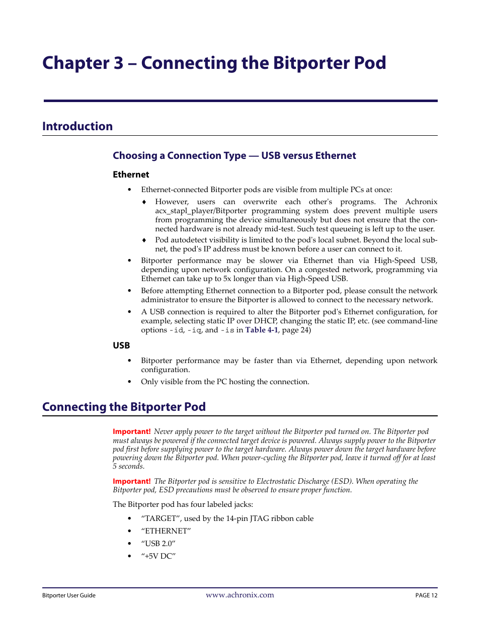 Chapter 3 – connecting the bitporter pod, Introduction, Choosing a connection type — usb versus ethernet | Connecting the bitporter pod, Chapter 3 – “connecting the bitporter pod | Achronix Bitporter User Manual | Page 18 / 50