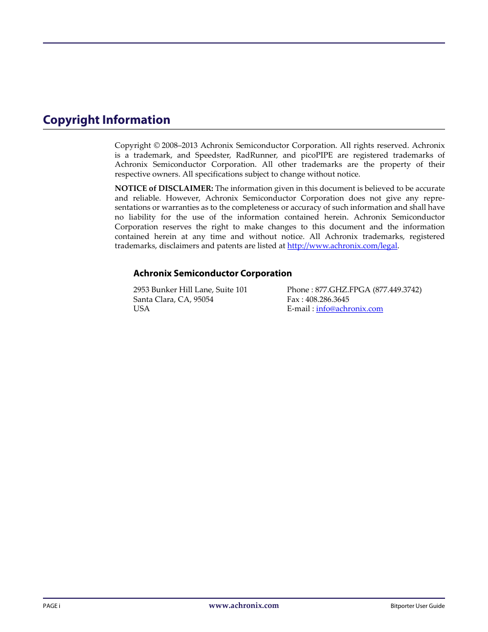 Copyright information | Achronix Bitporter User Manual | Page 2 / 50