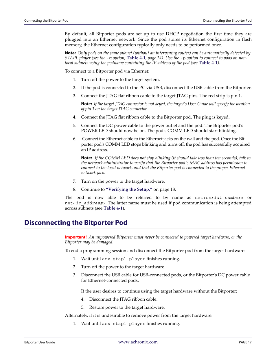 Disconnecting the bitporter pod | Achronix Bitporter User Manual | Page 23 / 50