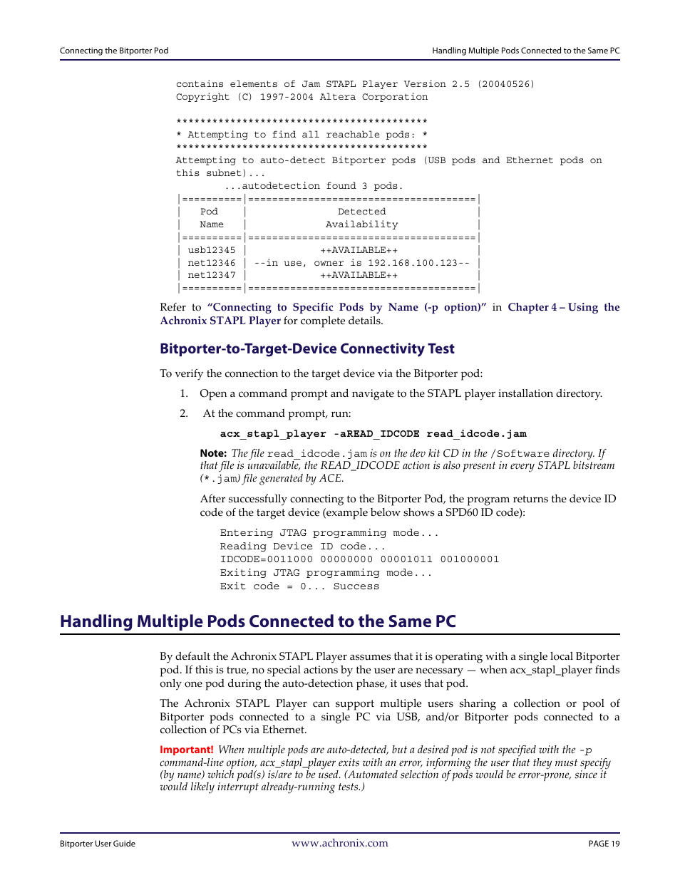 Bitporter-to-target-device connectivity test, Handling multiple pods connected to the same pc | Achronix Bitporter User Manual | Page 25 / 50