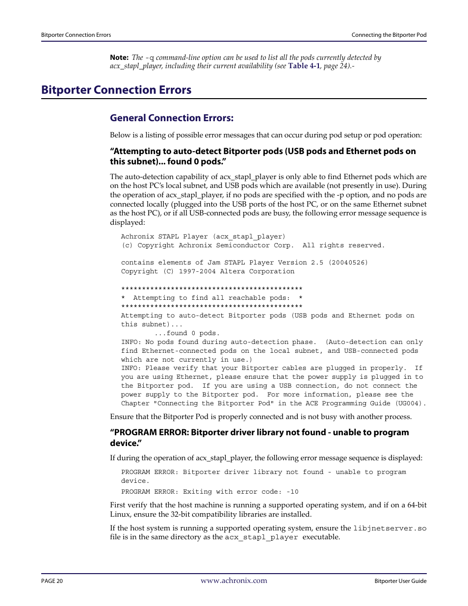 Bitporter connection errors, General connection errors | Achronix Bitporter User Manual | Page 26 / 50
