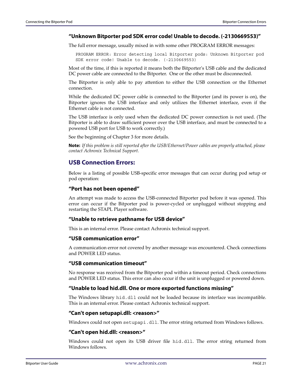 Usb connection errors | Achronix Bitporter User Manual | Page 27 / 50