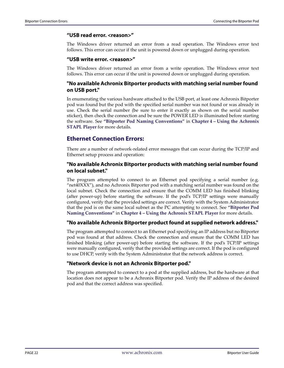 Ethernet connection errors | Achronix Bitporter User Manual | Page 28 / 50
