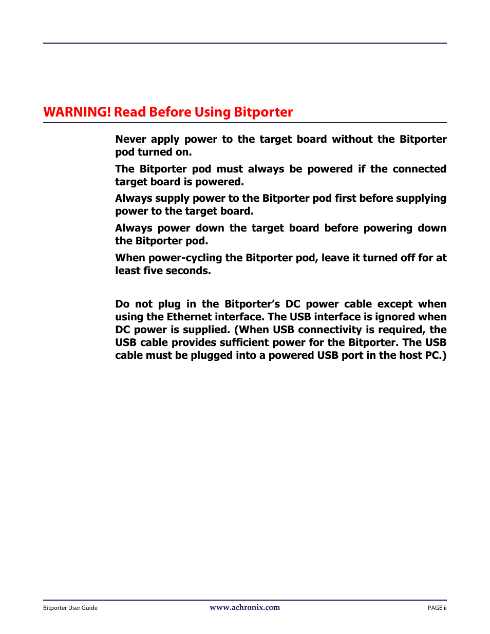 Warning! read before using bitporter | Achronix Bitporter User Manual | Page 3 / 50