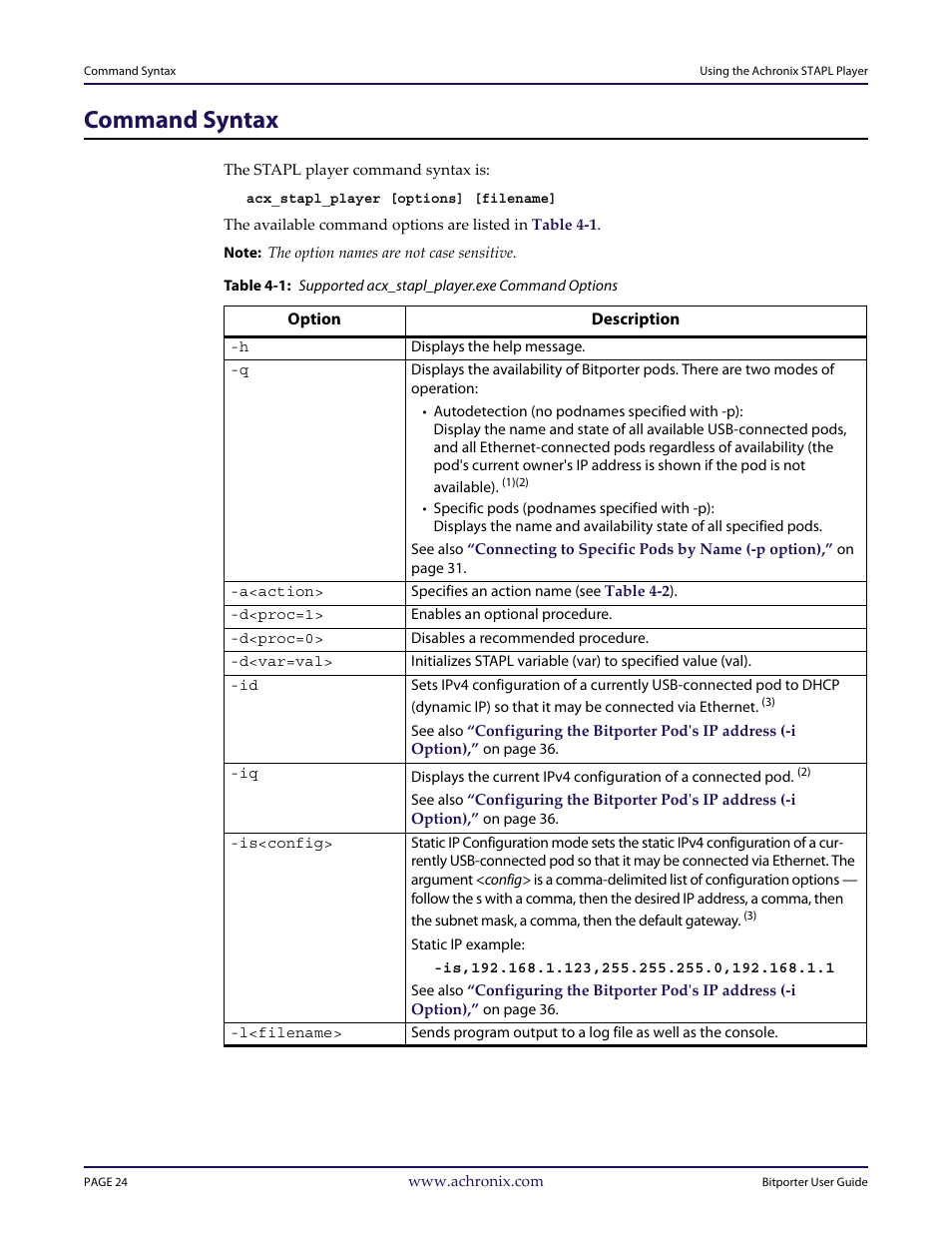 Command syntax, Table 4‐1 | Achronix Bitporter User Manual | Page 30 / 50