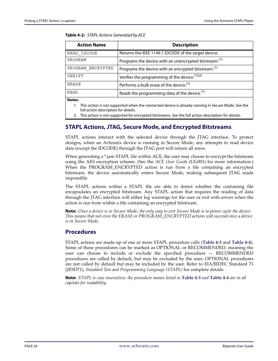 Table 4-2: stapl actions generated by ace, Procedures, Table 4‐2 | Achronix Bitporter User Manual | Page 32 / 50