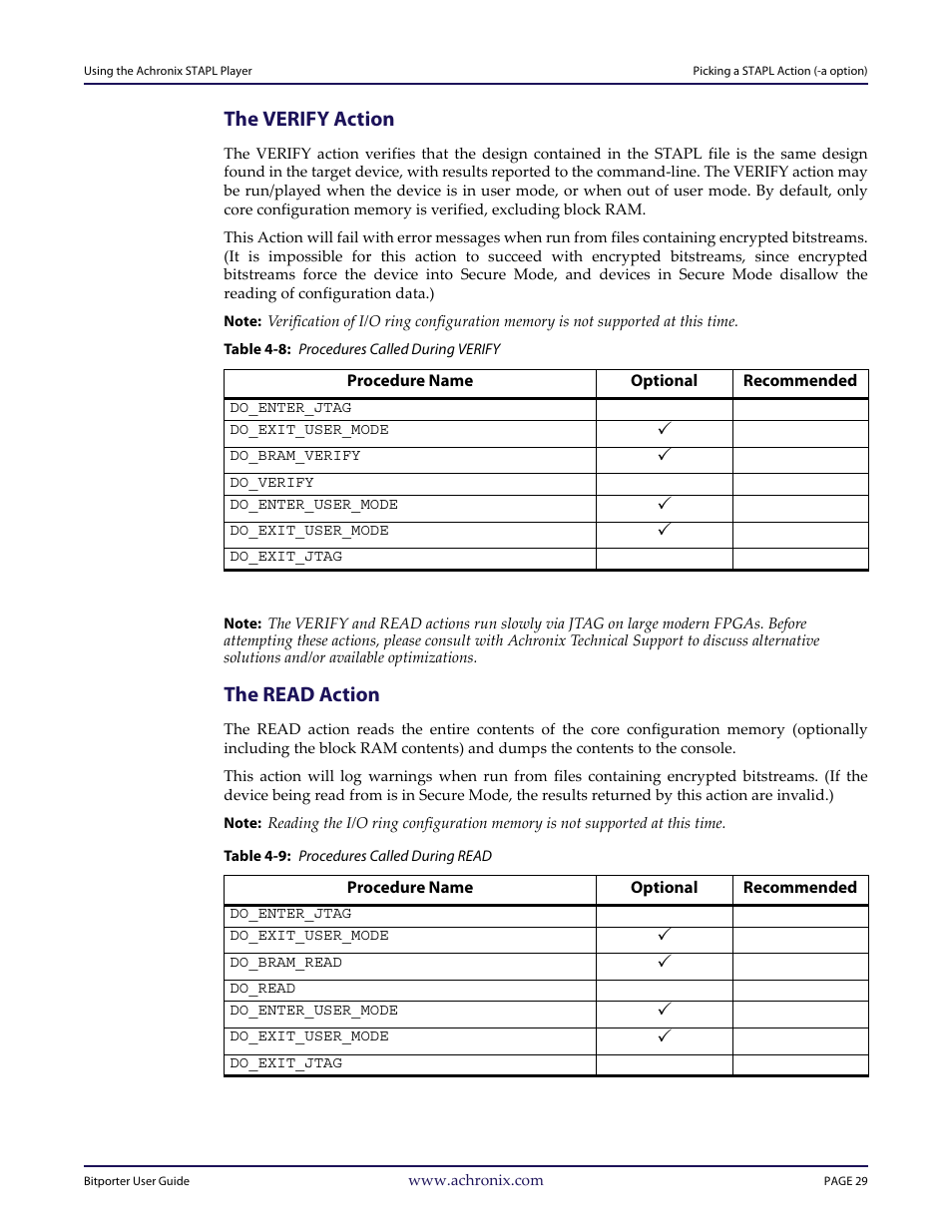 The verify action, Table 4-8: procedures called during verify, The read action | Table 4-9: procedures called during read | Achronix Bitporter User Manual | Page 35 / 50