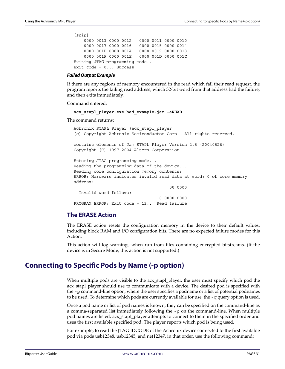 The erase action, Connecting to specific pods by name (-p option), Connecting to specific pods by name (‐p option) | Chapter 4 – using the, Achronix stapl player | Achronix Bitporter User Manual | Page 37 / 50