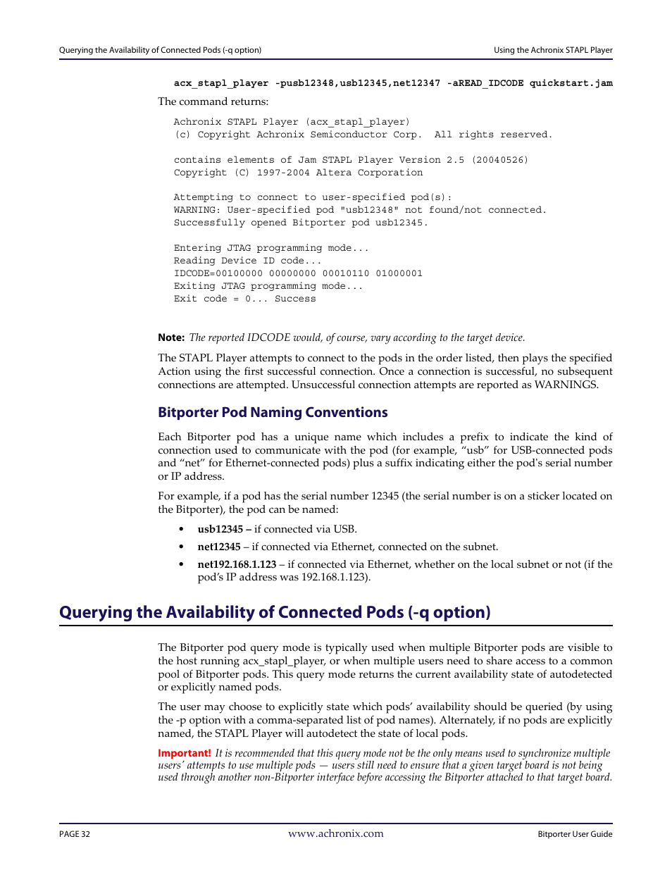 Bitporter pod naming conventions, Chapter 4 – using the achronix, Stapl player | Bitporter pod, Naming conventions, Chapter 4 – using the achronix stapl player | Achronix Bitporter User Manual | Page 38 / 50
