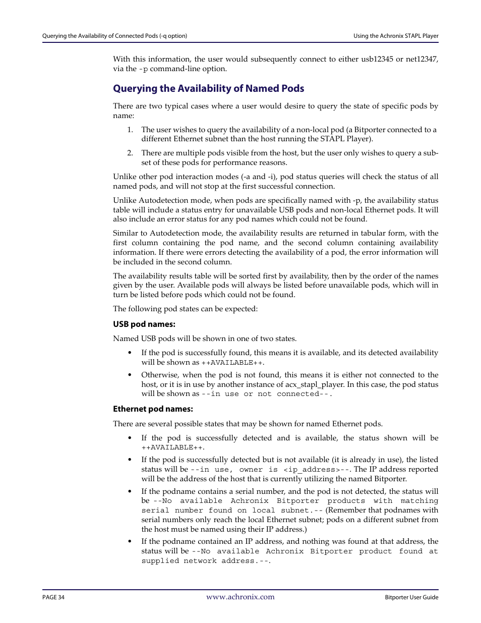 Querying the availability of named pods | Achronix Bitporter User Manual | Page 40 / 50