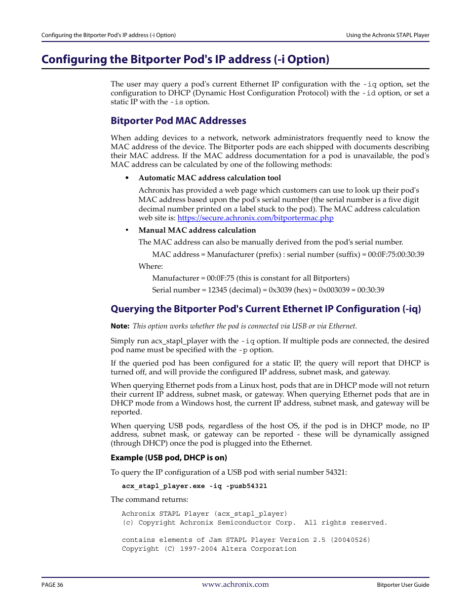 Bitporter pod mac addresses, Configuring the bitporter podʹs ip address (‐i, Option) | Achronix Bitporter User Manual | Page 42 / 50