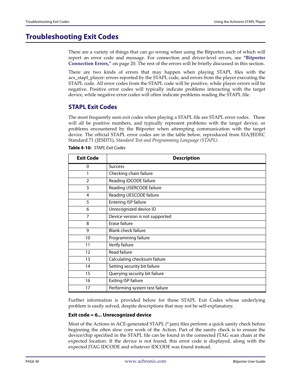 Troubleshooting exit codes, Stapl exit codes, Table 4-10: stapl exit codes | Achronix Bitporter User Manual | Page 46 / 50
