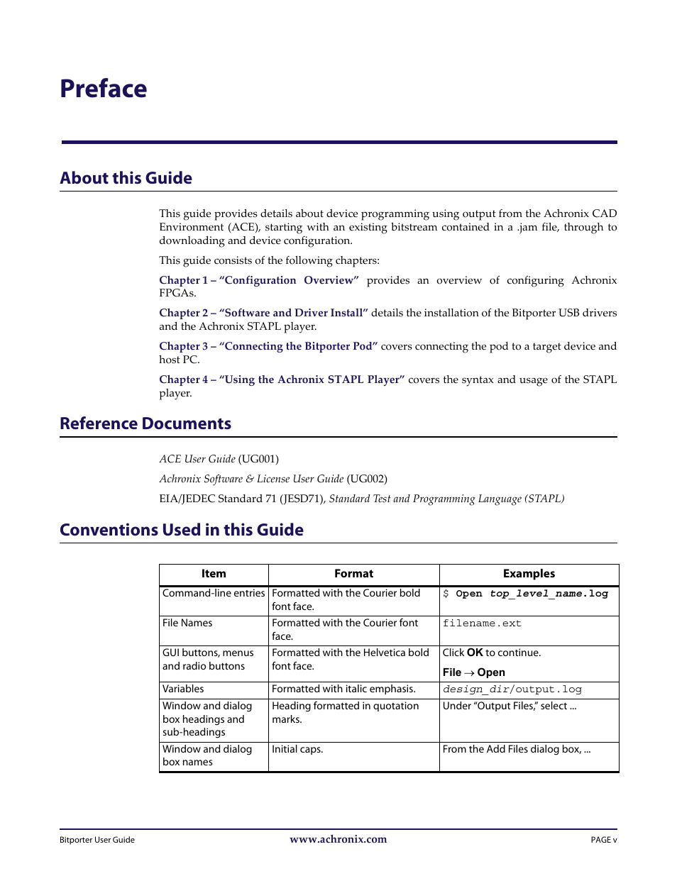 Preface, About this guide, Reference documents | Conventions used in this guide | Achronix Bitporter User Manual | Page 6 / 50