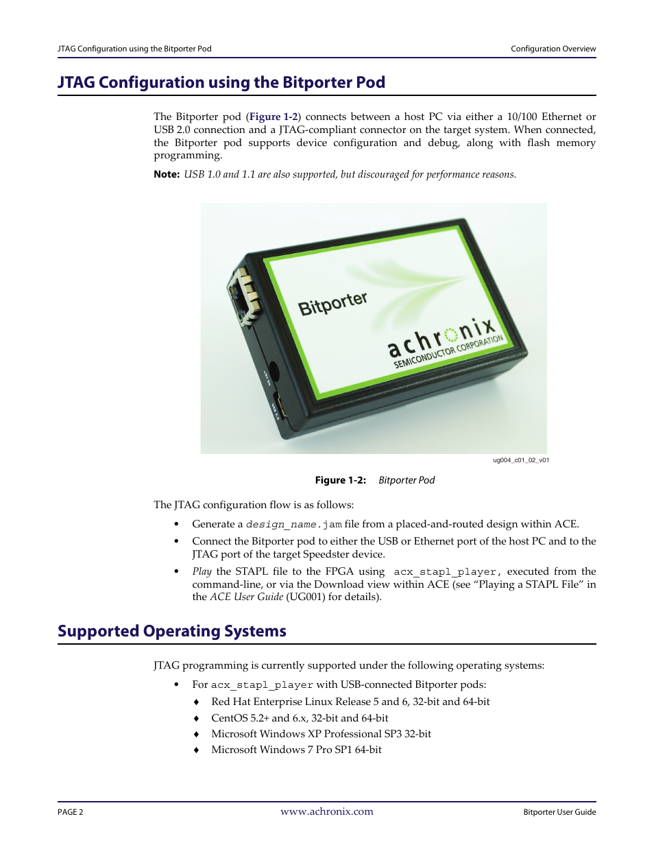 Jtag configuration using the bitporter pod, Figure 1-2: bitporter pod, Supported operating systems | Achronix Bitporter User Manual | Page 8 / 50