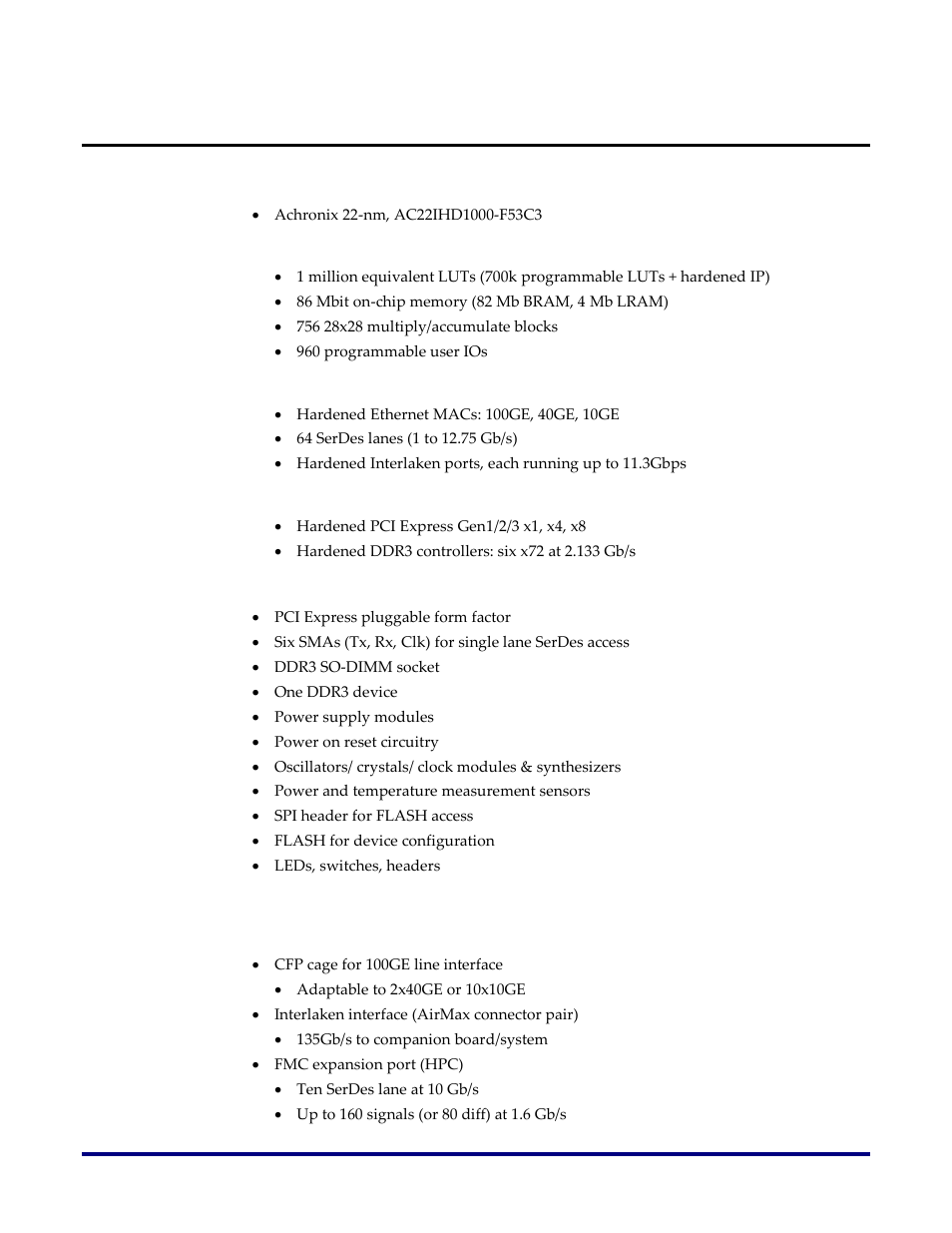 Acx-brd-hd1000-100g development board features, Fpga, Functional blocks | Networking and communications, System, Board, Interfaces | Achronix Speedster22i HD1000 Development Kit User Guide User Manual | Page 11 / 69