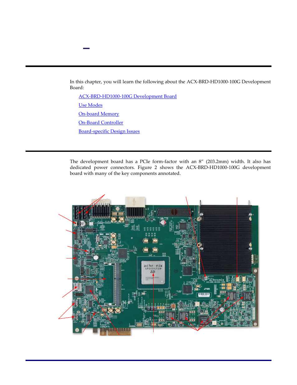 Chapter 2, General description, Acx-brd-hd1000-100g development board picture | Chapter 2 – general description | Achronix Speedster22i HD1000 Development Kit User Guide User Manual | Page 13 / 69