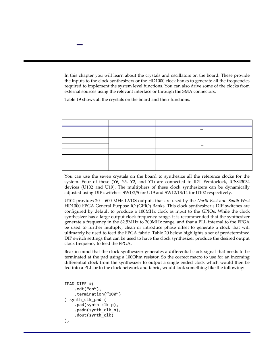 Chapter 5, Clocking, Table 19: crystals/oscillators on the board | Sdk1000 clocking, Chapter 5 – clocking | Achronix Speedster22i HD1000 Development Kit User Guide User Manual | Page 52 / 69