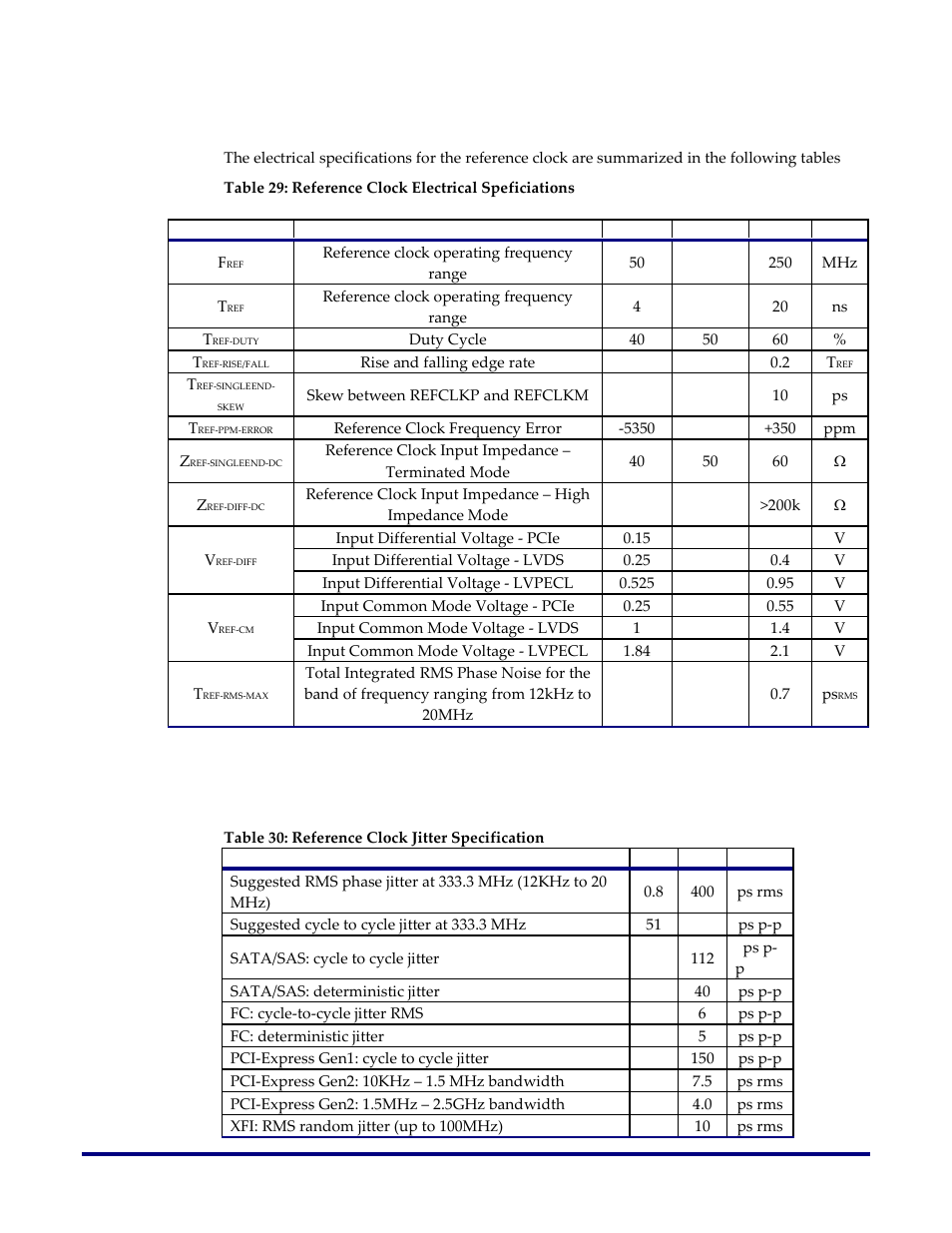 Reference clock, Jitter specification, Table 29: reference clock electrical speficiations | Table 30: reference clock jitter specification | Achronix Speedster22i SerDes User Manual | Page 112 / 113