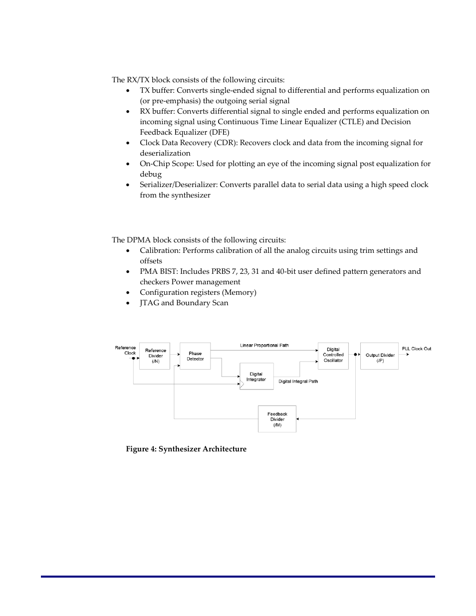 Receiver (rx)/transmitter (tx), Digital pma (dpma), Figure 4: synthesizer architecture | Achronix Speedster22i SerDes User Manual | Page 14 / 113