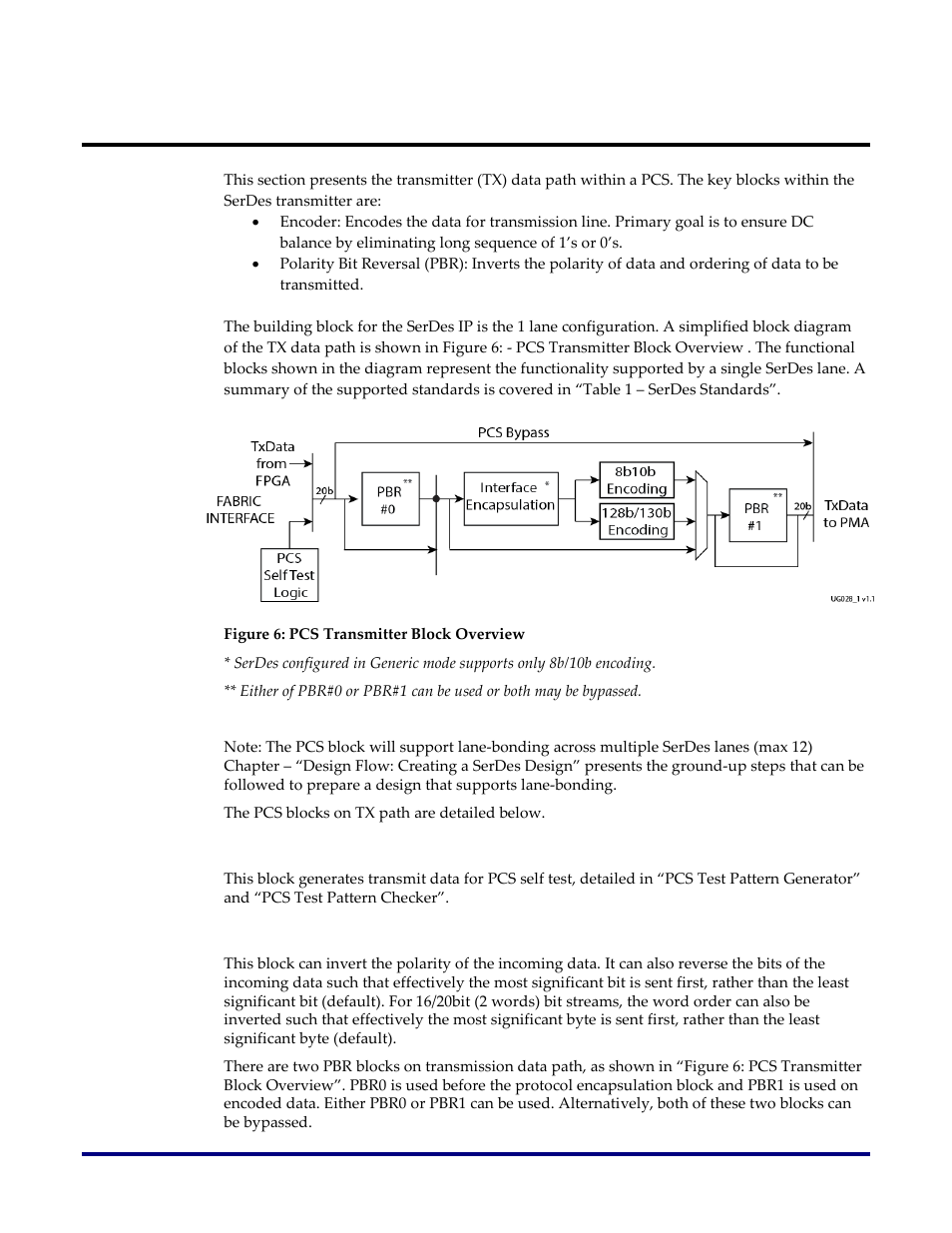 Pcs blocks in the transmitter (tx), Pcs self test logic, Polarity bit reversal (pbr) #0 and #1 | Figure 6: pcs transmitter block overview | Achronix Speedster22i SerDes User Manual | Page 16 / 113