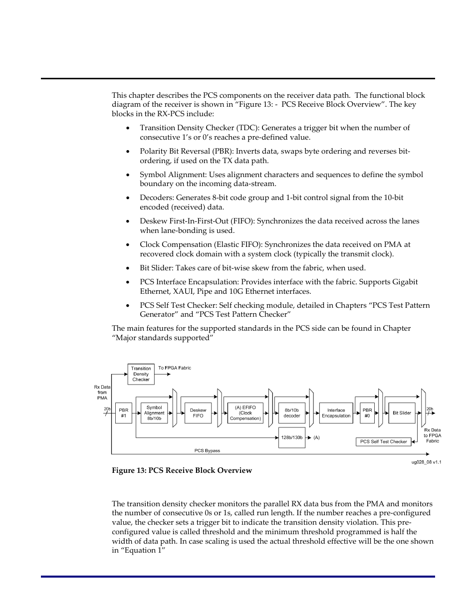 Pcs blocks in the receiver (rx), Transition density checker (tdc), Figure 13: pcs receive block overview | Achronix Speedster22i SerDes User Manual | Page 22 / 113