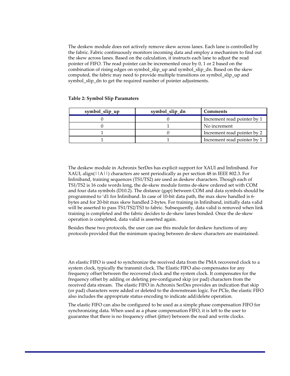 Symbol slip mode, Standards supported by deskew module, Elastic fifo (elastic buffer) | Table 2: symbol slip paramaters | Achronix Speedster22i SerDes User Manual | Page 27 / 113