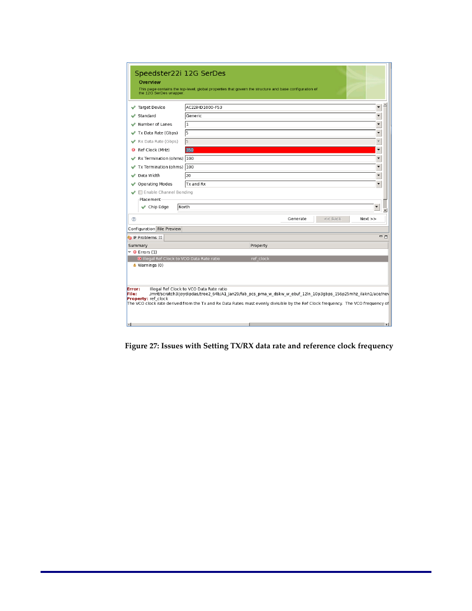 Figure 27, E. “figure 27: issues with setting, Tx/rx data rate and reference clock frequency | Achronix Speedster22i SerDes User Manual | Page 56 / 113