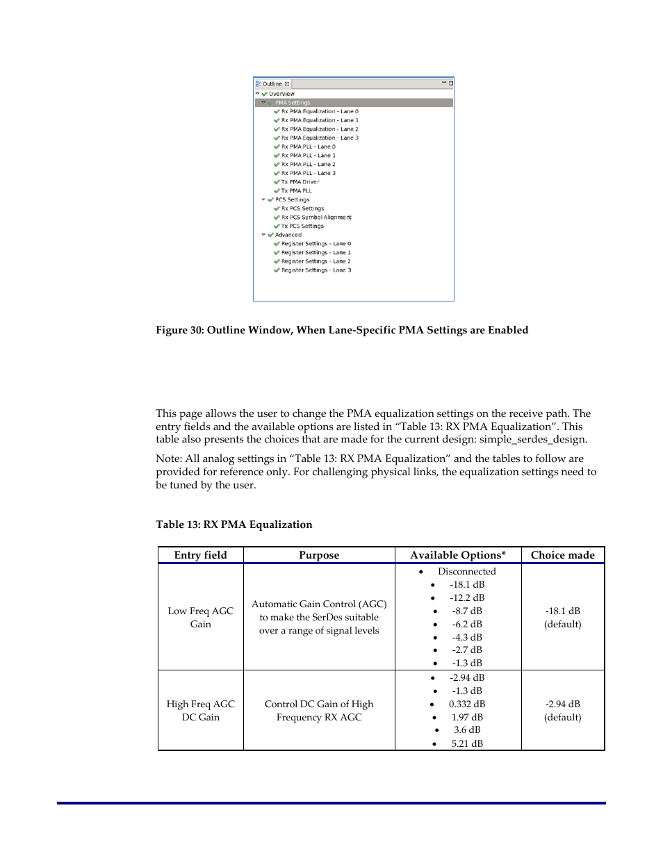 Rx pma equalization, Table 13: rx pma equalization | Achronix Speedster22i SerDes User Manual | Page 59 / 113
