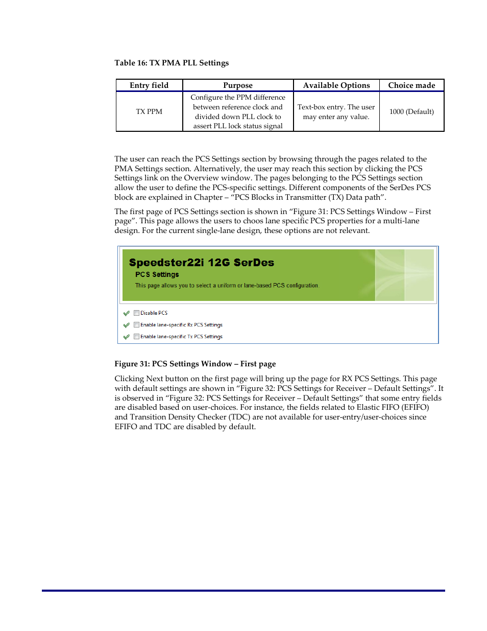 Section on pcs settings, Table 16: tx pma pll settings | Achronix Speedster22i SerDes User Manual | Page 63 / 113