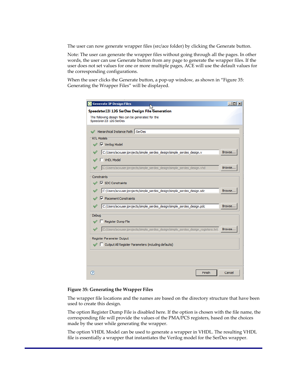 Generation of wrapper files, Figure 35: generating the wrapper files | Achronix Speedster22i SerDes User Manual | Page 70 / 113