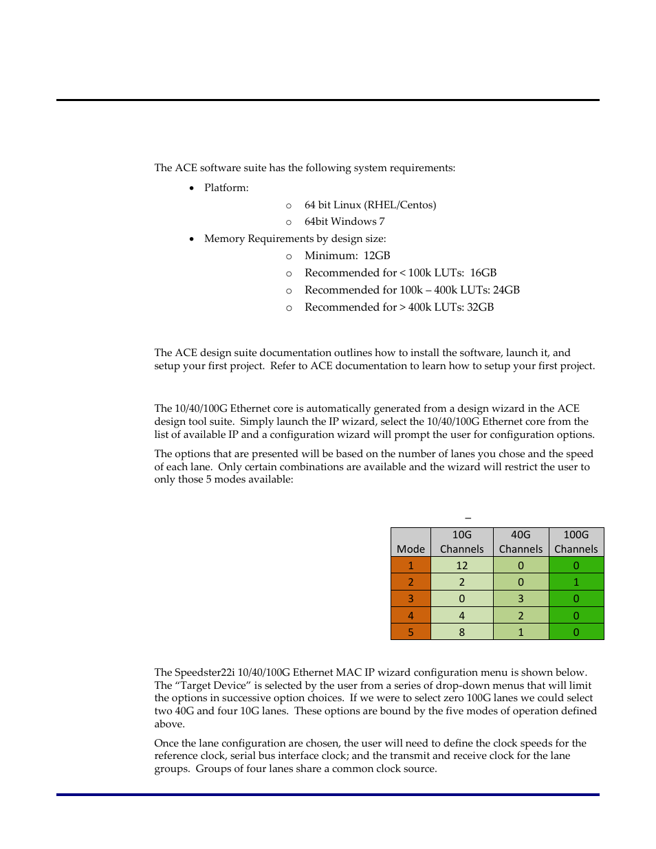 Implementation with ace, Software/hardware requirements, Creating an ethernet instance | Configuring the 10/40/100g ethernet core | Achronix Speedster22i 10G/40G/100G Ethernet User Manual | Page 21 / 108