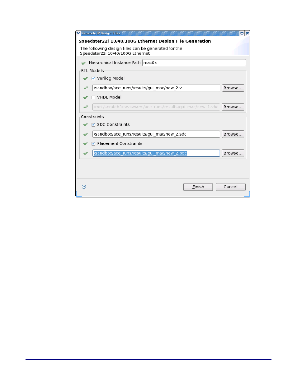 Figure 4: generate ip design files dialog box | Achronix Speedster22i 10G/40G/100G Ethernet User Manual | Page 23 / 108