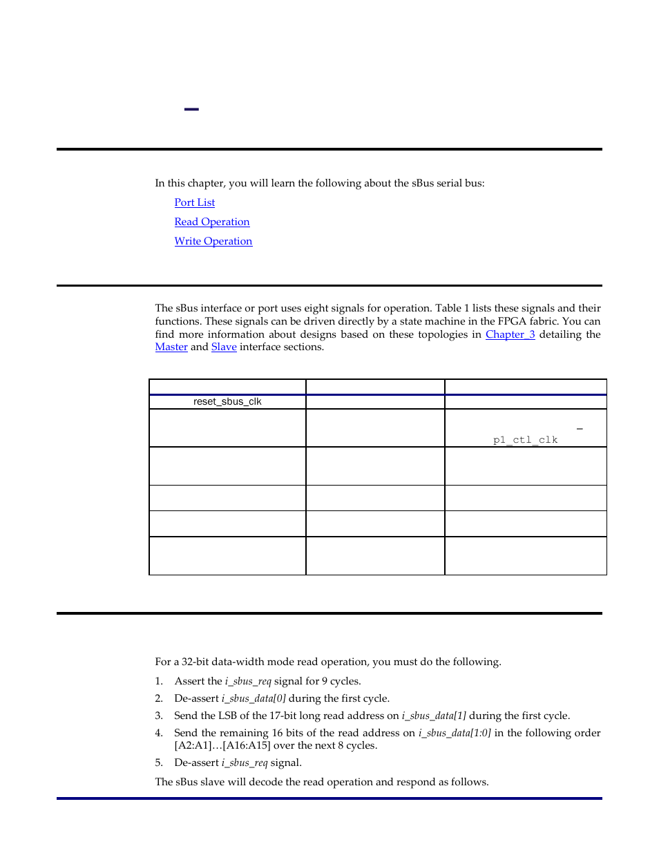 Chapter 2, Sbus functional description, Port list | Read operation, Bit data-width mode, Table 1: hd1000 sbus port definition, Chapter 2 – sbus functional description | Achronix Speedster22i sBus User Manual | Page 11 / 27
