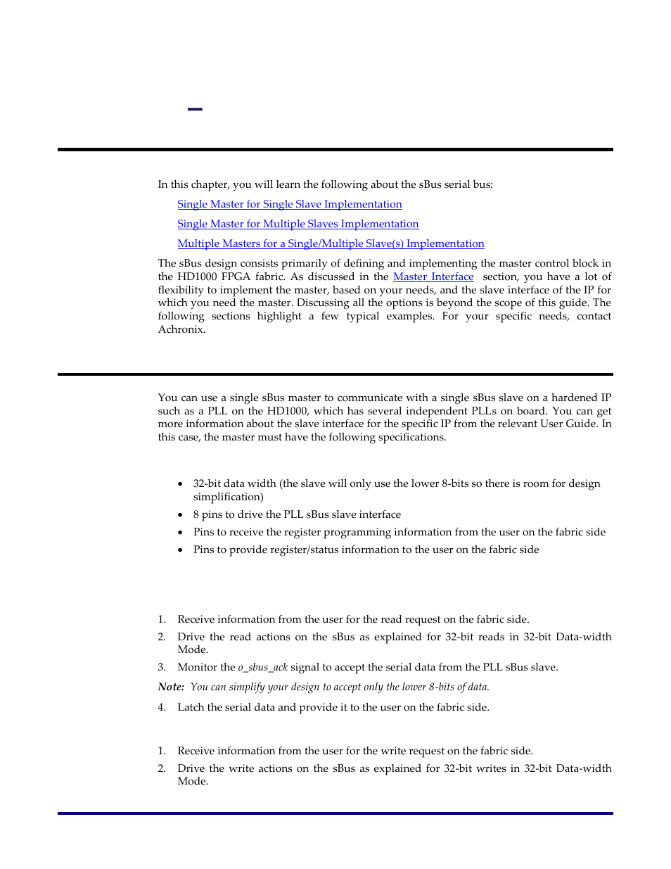 Chapter 4, Sbus master implementation, Single master for single slave implementation | Master specifications for pll sbus controller, Master actions for pll sbus controller, Read operation, Write operation, Chapter 4 – sbus master implementation | Achronix Speedster22i sBus User Manual | Page 17 / 27
