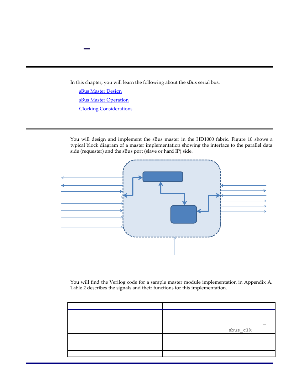 Chapter 5, Sbus design examples, Sbus master design | Design example, Figure 10: sbus master block diagram, Table 2: hd1000 sbus master signal definitions, Chapter 5 – sbus design examples | Achronix Speedster22i sBus User Manual | Page 20 / 27