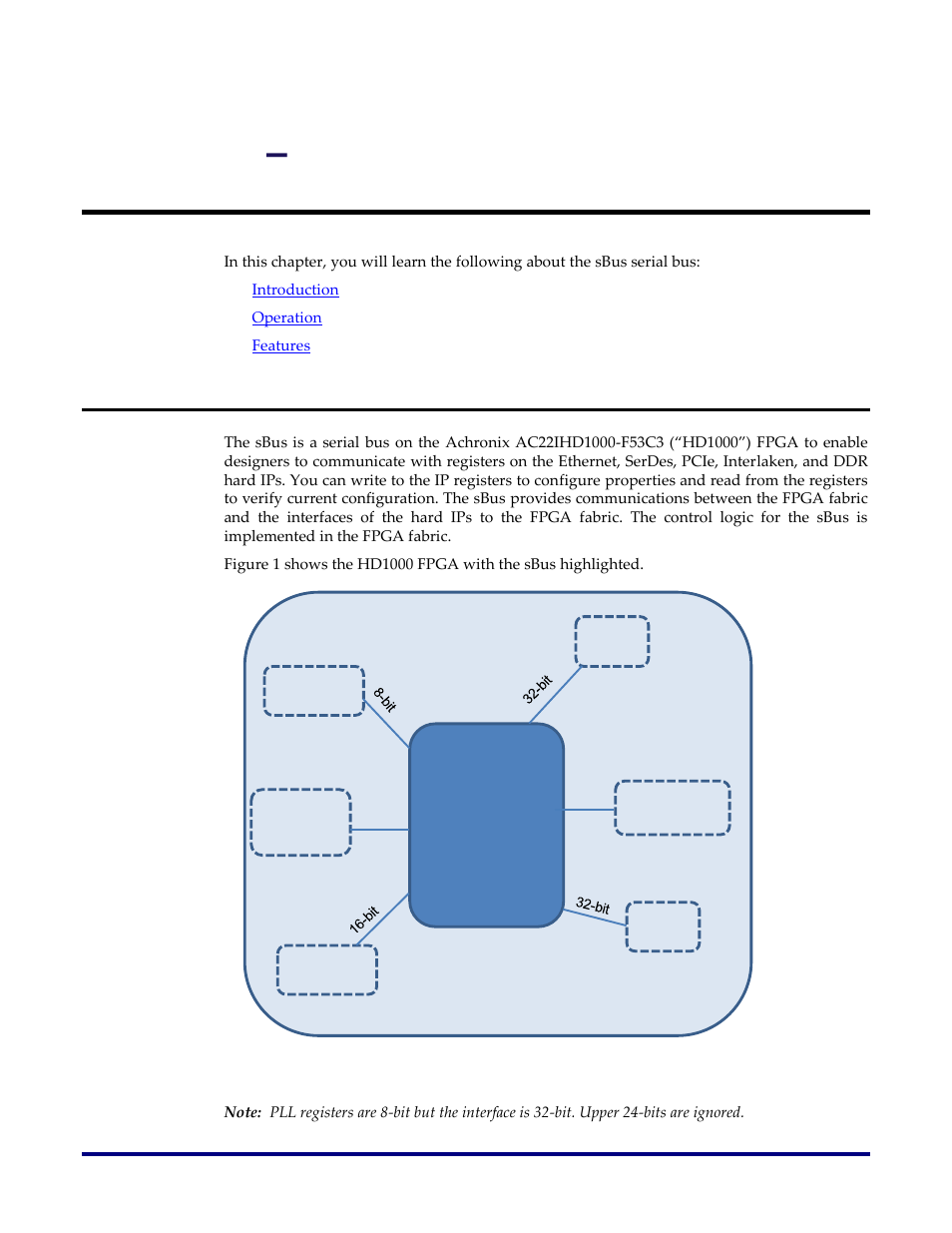 Chapter 1, Sbus overview, Introduction | Figure 1: the hd1000 fpga with sbus interfaces, Chapter 1 – sbus overview, Hd1000 | Achronix Speedster22i sBus User Manual | Page 9 / 27