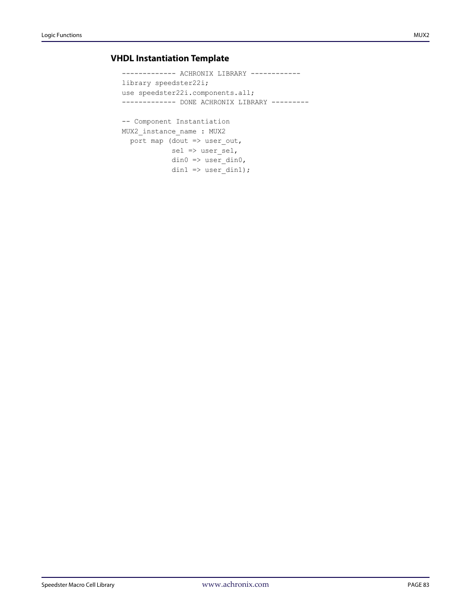 Heading3 - vhdl instantiation template, Vhdl instantiation template | Achronix Speedster22i User Macro Guide User Manual | Page 100 / 224