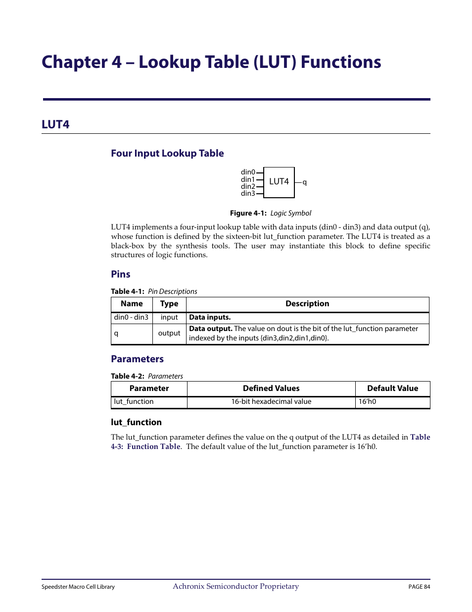 Heading1 - lut4, Heading2 - four input lookup table, Figure - figure 4-1: logic symbol | Heading2 - pins, Table - table 4-1: pin descriptions, Heading2 - parameters, Table - table 4-2: parameters, Heading3 - lut_function, Chapter 4 – “lookup table (lut) functions, Chapter 4 – lookup table (lut) functions | Achronix Speedster22i User Macro Guide User Manual | Page 101 / 224