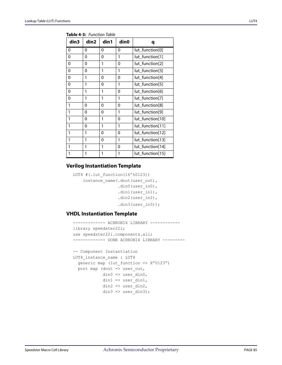 Table - table 4-3: function table, Heading3 - verilog instantiation template, Heading3 - vhdl instantiation template | Table, 4‐3: function table | Achronix Speedster22i User Macro Guide User Manual | Page 102 / 224
