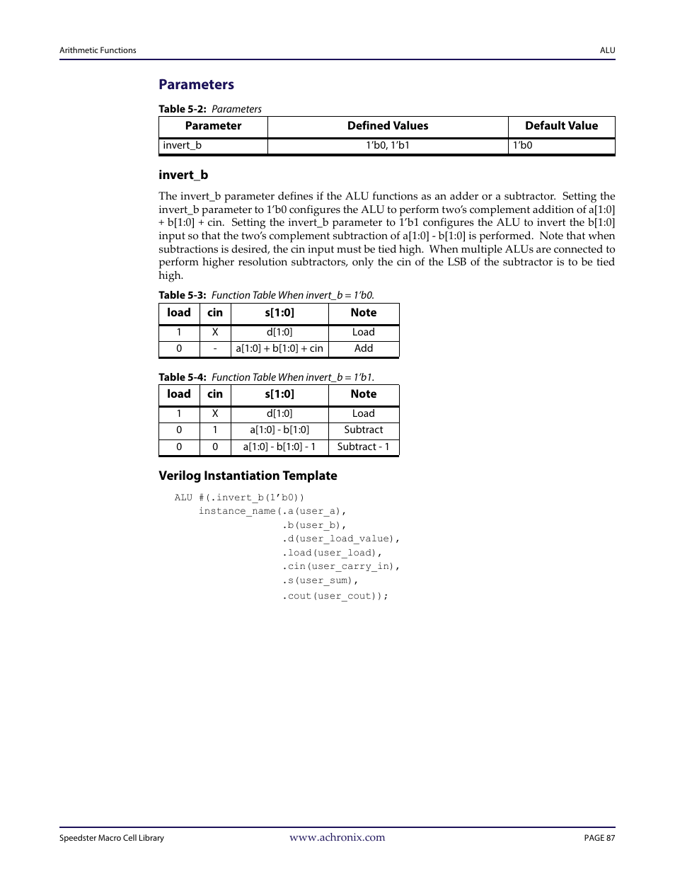 Heading2 - parameters, Table - table 5-2: parameters, Heading3 - invert_b | Heading3 - verilog instantiation template, Parameters | Achronix Speedster22i User Macro Guide User Manual | Page 104 / 224