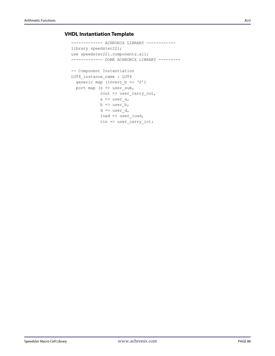 Heading3 - vhdl instantiation template, Vhdl instantiation template | Achronix Speedster22i User Macro Guide User Manual | Page 105 / 224